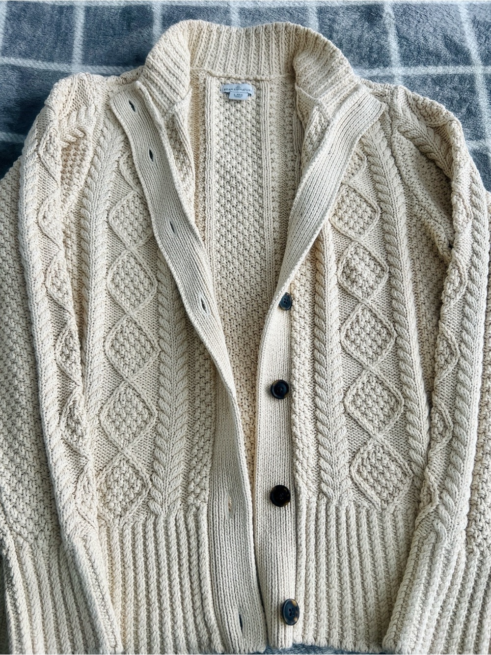 LL Bean Signature Cotton Fisherman Sweater Cardigan Women's Large - Picture 3 of 9